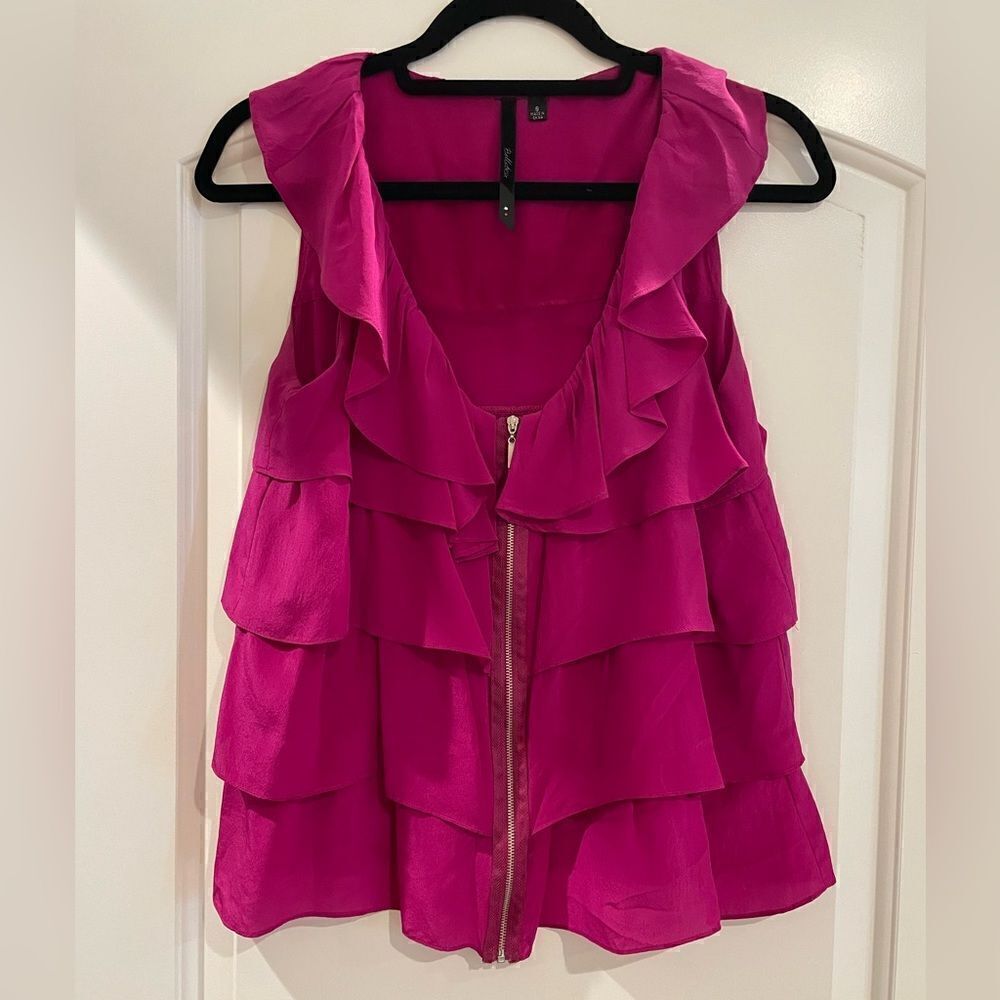 Bellatrix 100% Silk Fuchsia Ruffle Tiered Zip Front Sleeveless Blouse Medium